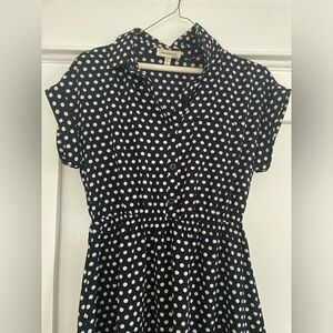 Navy blue and white short polkadot dress, button up top